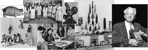 Photos from Allen H. Eaton, Dean of American Crafts, by David B. Van Dommelen. Showing Art, Crafts Exhibitions in Oregon, crafts, handicrafts. Includes wooden pig that was on Franklin Delano Roosevelt's desk.